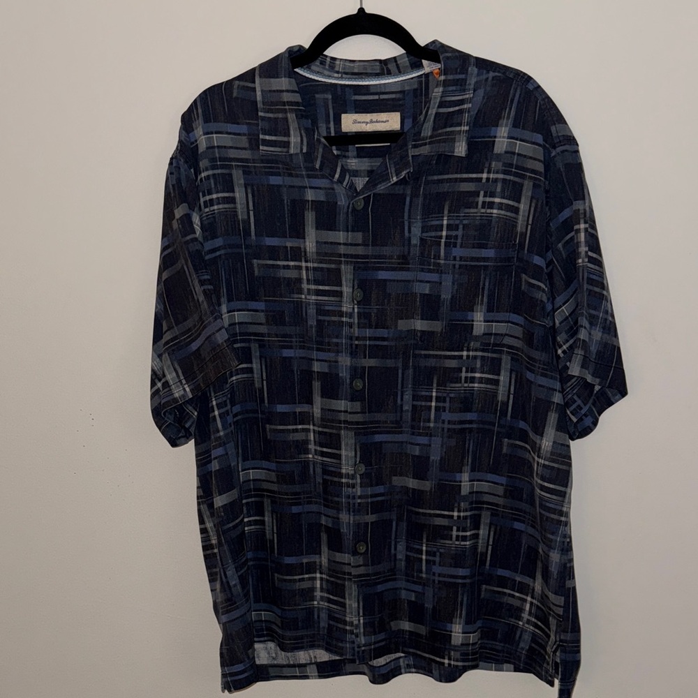 Tommy Bahama Men’s 100% Silk Navy Gray Checkered Collared Shirt Size XL